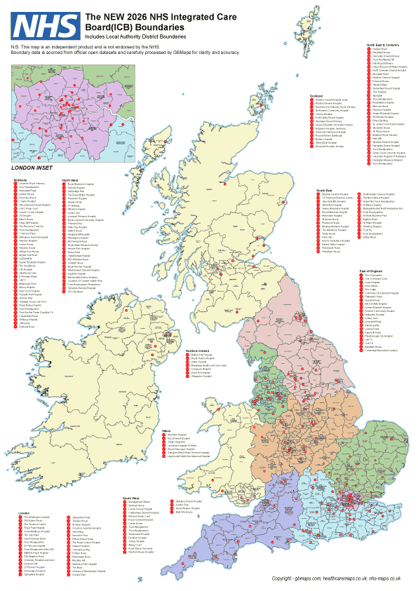 UK NHS ICB and LAD boundaries with hospitals inset for London 2026 UK NHS ICB and Local Authority Districts map with hospital locations